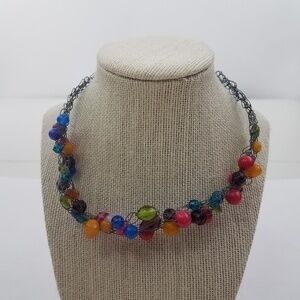 Wire‎ Wrap Beaded Necklace Rainbow Blue 16 inch Pin